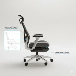 Showing how the footrest folds away under the seat of the desk chair with leg rest for storage.