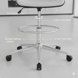 The 360-degree swivel base and smooth-rolling wheels of a mobile ergonomic drafting chair.