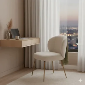 A chic boucle cream office chair used as a stylish accent piece in a bedroom workspace.