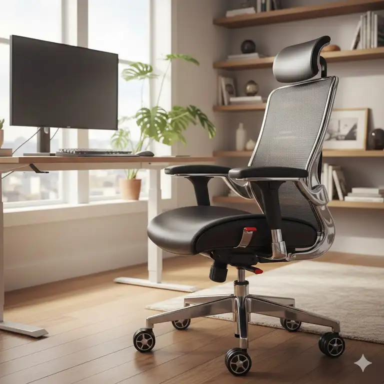 Modern home office setup featuring a premium office chair with locking wheels.