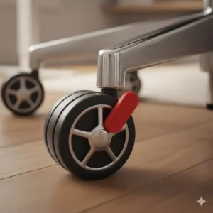 Detailed view of the manual brake mechanism on an office chair with locking wheels.