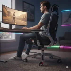 A person gaming comfortably in a stable office chair with locking wheels on a rug.
