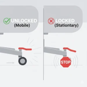 Diagram showing the difference between mobile and stationary modes of an office chair with locking wheels.