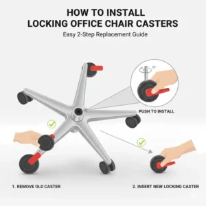 Step-by-step guide on how to install new casters on an office chair with locking wheels.