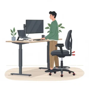 An adjustable height office chair with locking wheels used at a standing desk station.
