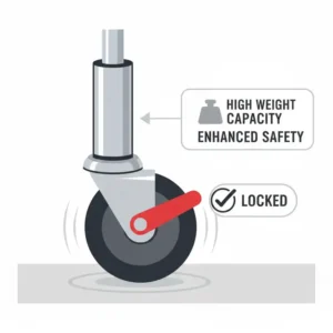 Reinforced metal base and safety casters of a heavy-duty office chair with locking wheels.