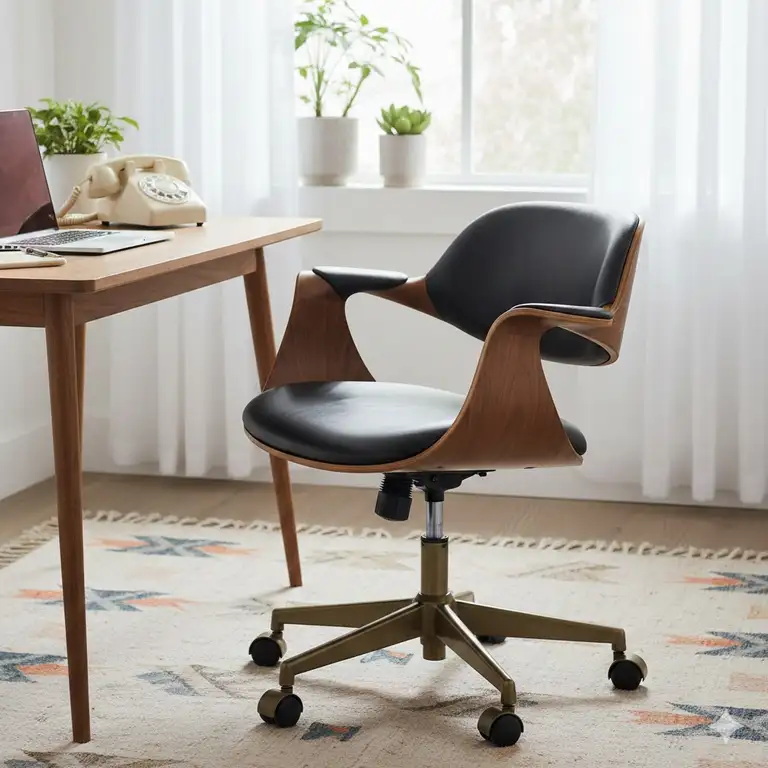 A stylish mid-century modern retro desk chair with walnut wood accents and black leather upholstery in a bright home office.