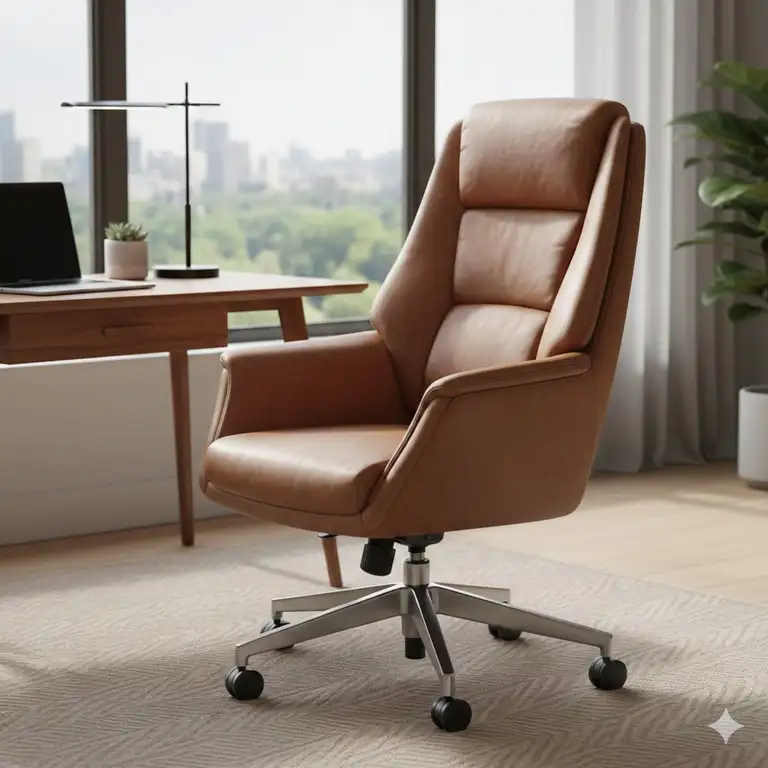 A high-back ergonomic brown leather office chair with padded armrests in a modern home office setting.