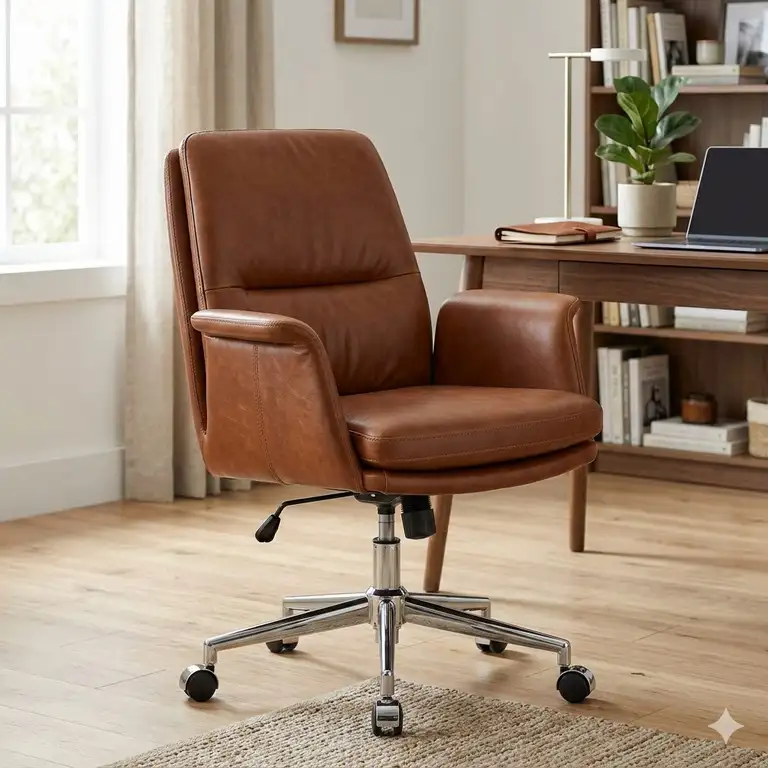 A premium cognac brown leather swivel chair with a chrome base in a bright, modern home office.
