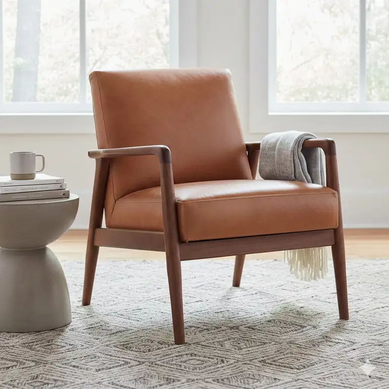 A mid-century modern leather and wood accent chair with a walnut frame and cognac upholstery.