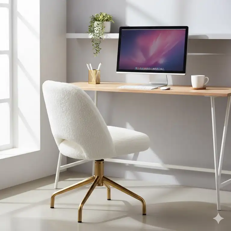 A stylish workspace featuring modern white fuzzy chairs for desks with a minimalist wooden table.