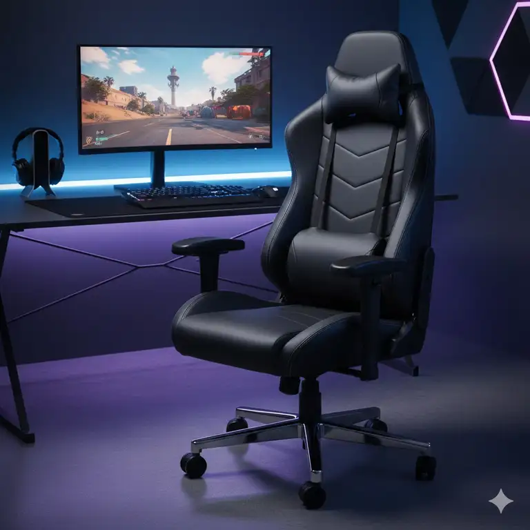 A premium ergonomic black leather gaming chair with high back support in a modern gaming setup.