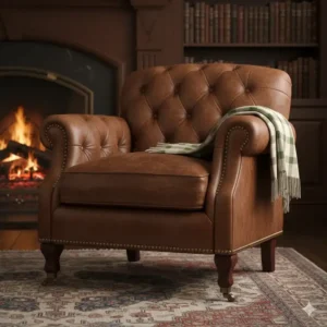 Classic tufted brown leather living room chair featuring mahogany wood legs and brass nailhead trim.