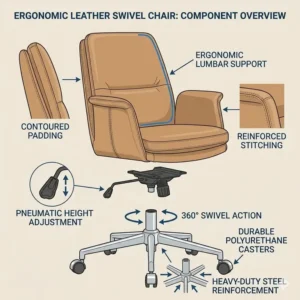 Technical illustration highlighting the ergonomic lumbar support and adjustable height of a leather swivel chair.