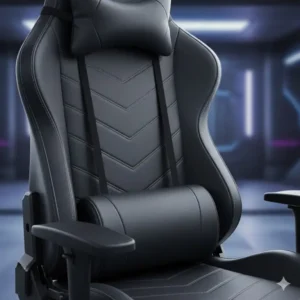 Close-up of the adjustable lumbar support and headrest on a professional leather gaming chair.