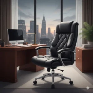 Professional black leather office chair with chrome base and tufted backrest for an executive workspace.