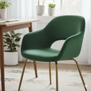 Close-up of a forest green velvet retro desk chair with gold metal legs and ergonomic backrest.