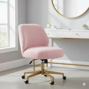Elegant pink fuzzy chairs for desks with adjustable gold legs in a glam office setting.