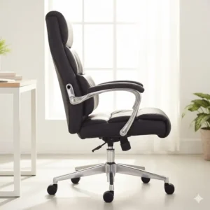 Close-up detail of the premium grain and stitching on a professional black leather desk chair.