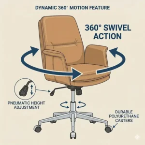Illustration of a black leather swivel chair showing its 360-degree rotation capabilities.