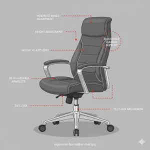 Diagram showing the adjustable lumbar support and padded armrests of a faux leather office chair.