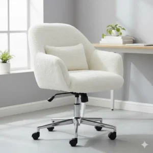 Ergonomic white swivel fuzzy chairs for desks designed for comfort and mobility.