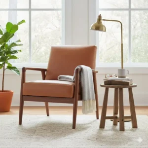 A cozy reading corner featuring a comfortable leather and wood accent chair and a brass lamp.