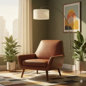 Sleek mid-century modern leather living room chair with tapered legs and a low-profile silhouette.