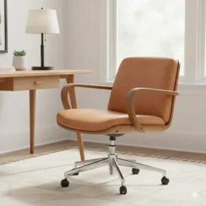 Mid-century modern leather office chair featuring a walnut wood frame and tan upholstery.