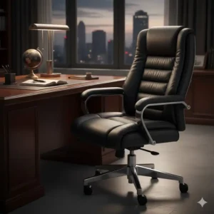 Side view of a black leather desk chair highlighting the adjustable lumbar support and padded armrests.