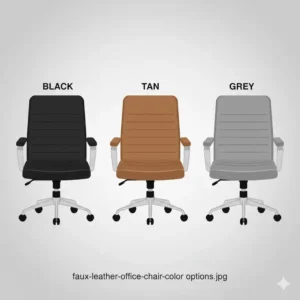 A row of faux leather office chair models displayed in various colors including black, gray, and tan.
