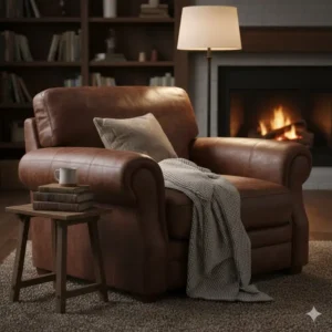 A comfortable oversized leather living room chair with a soft throw blanket ideal for a cozy reading nook.