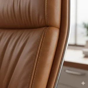 Close-up of the premium grain and reinforced stitching on a genuine leather office chair.