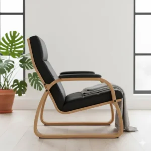 Side view showing the elegant ergonomic curves of a leather and wood accent chair.