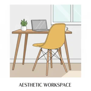 A minimalist workspace featuring a mustard yellow retro desk chair paired with a wooden writing desk.