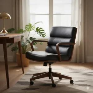 Luxury executive black leather desk chair behind a dark wood desk in a corporate setting.