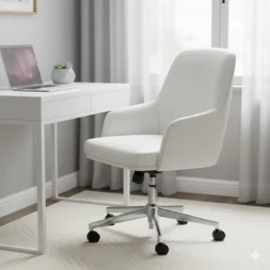 Minimalist armless white leather office chair designed for a compact desk or small apartment office.