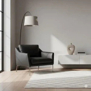 Contemporary black leather living room chair providing a bold contrast in a neutral-toned interior design.