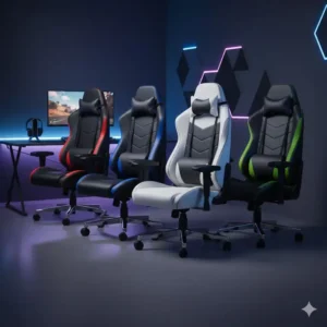 A lineup of different color options available for this ergonomic leather gaming chair model.