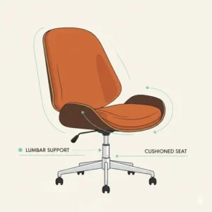Diagram highlighting the lumbar support and cushioned seat of a 1970s inspired retro desk chair.