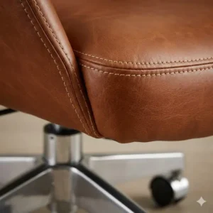 Diagram showing the standard dimensions, seat height, and width of a mid-century leather swivel chair.