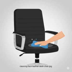 A person wiping down a water-resistant faux leather office chair with a microfiber cloth.