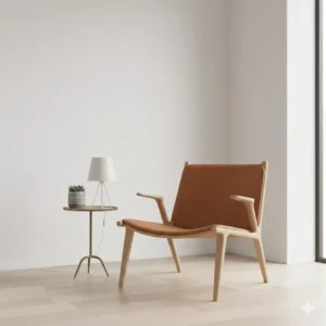 A minimalist tan leather and wood accent chair in a bright, contemporary room.