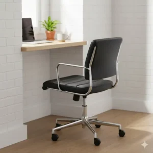 Vintage-inspired mid-century black leather desk chair with a walnut wood frame.