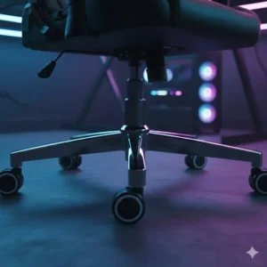 Heavy-duty metal base and smooth-rolling wheels of a sturdy leather gaming chair.