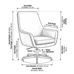 Illustration of a reinforced aluminum base and dual-wheel casters for a heavy-duty leather swivel chair.