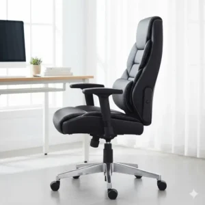 Side view of a leather office chair showing the built-in lumbar support and adjustable tilt mechanism.