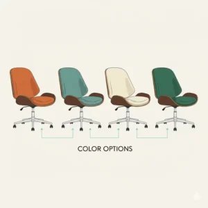A row of retro desk chair in various colors including burnt orange, teal, and cream.