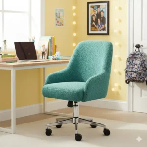A teal rolling version of fuzzy chairs for desks placed in a bright student bedroom.