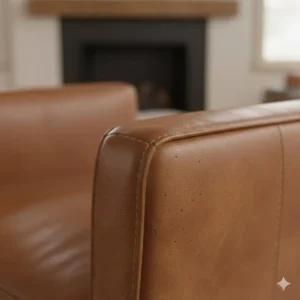 Close-up illustration of premium top-grain leather living room chair upholstery showing natural grain and durable stitching.